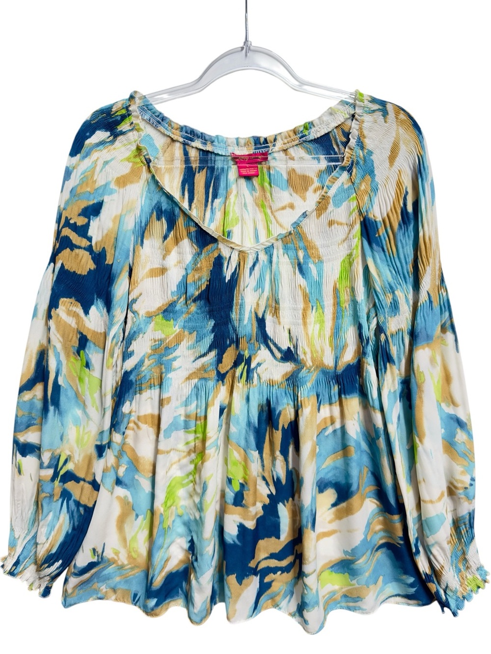 Silky Matte Satin Knit Smocked Babydoll Peplum Abstract Art Peasant Blouse Top
